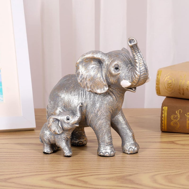 FriyGardcn Cute Silver Elephant Statue Home Décor Good Luck Elephant with The Baby Décor for Shelf Good Gifts for Women Decoration for Living Room, Bedroom, Office - Image 2